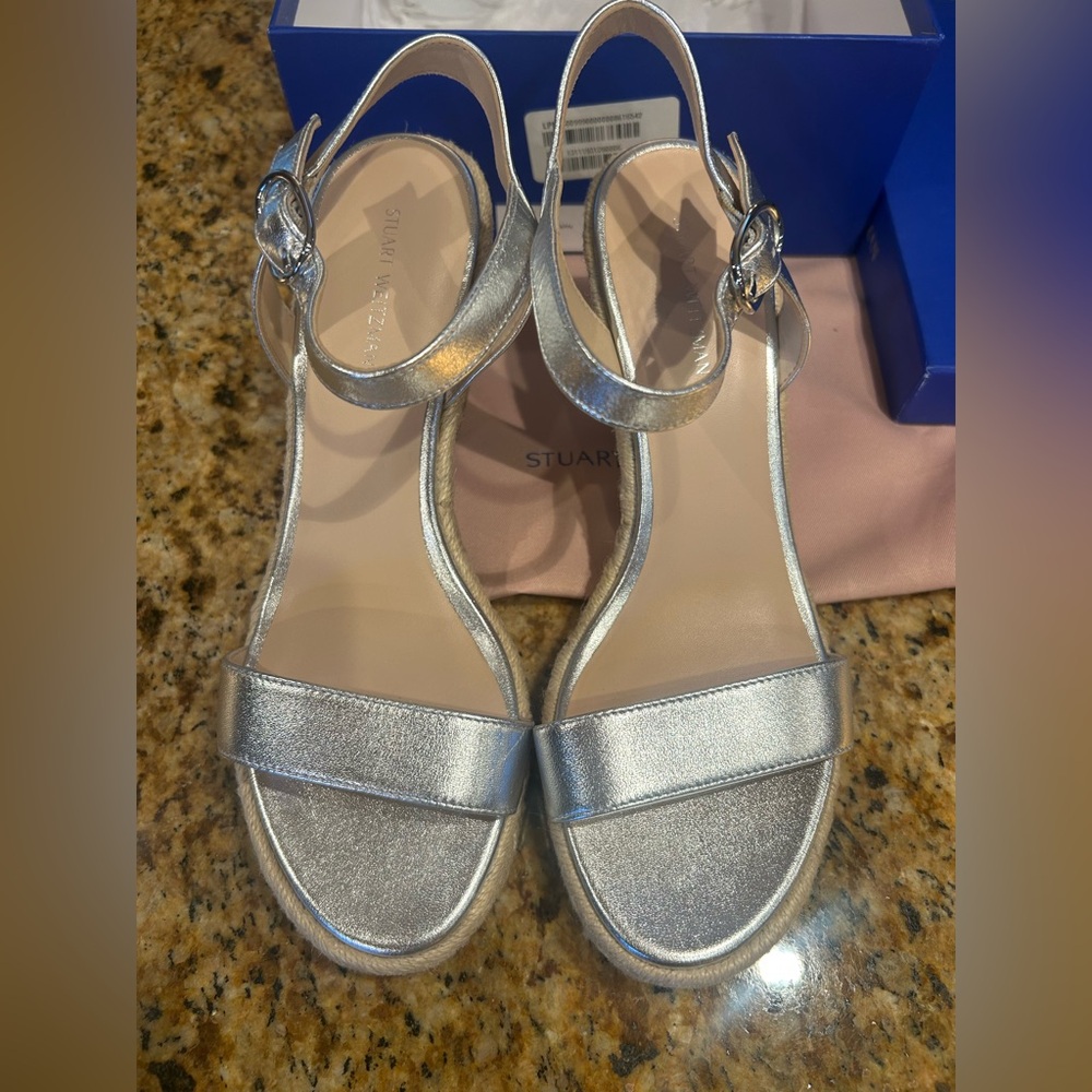 Stuart Weitzman TEDDI Silver Metallic Ankle Strap Sandals